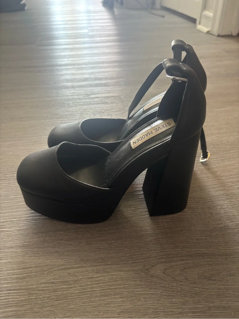 Steve Madden Black Chunky Platform Pumps with Ankle Strap